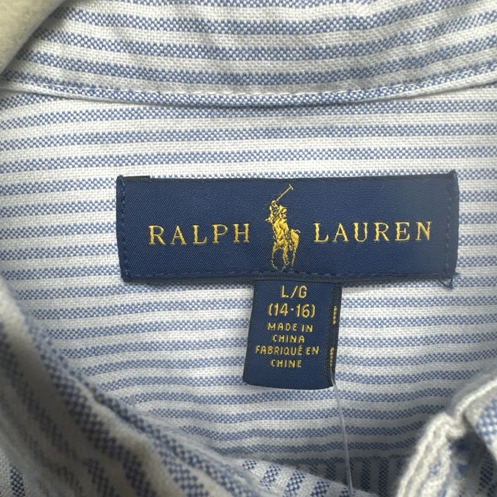 Ralph Lauren Youth Shirt L 14-16 Button Down Blue White Stripe Gecko Embroidered